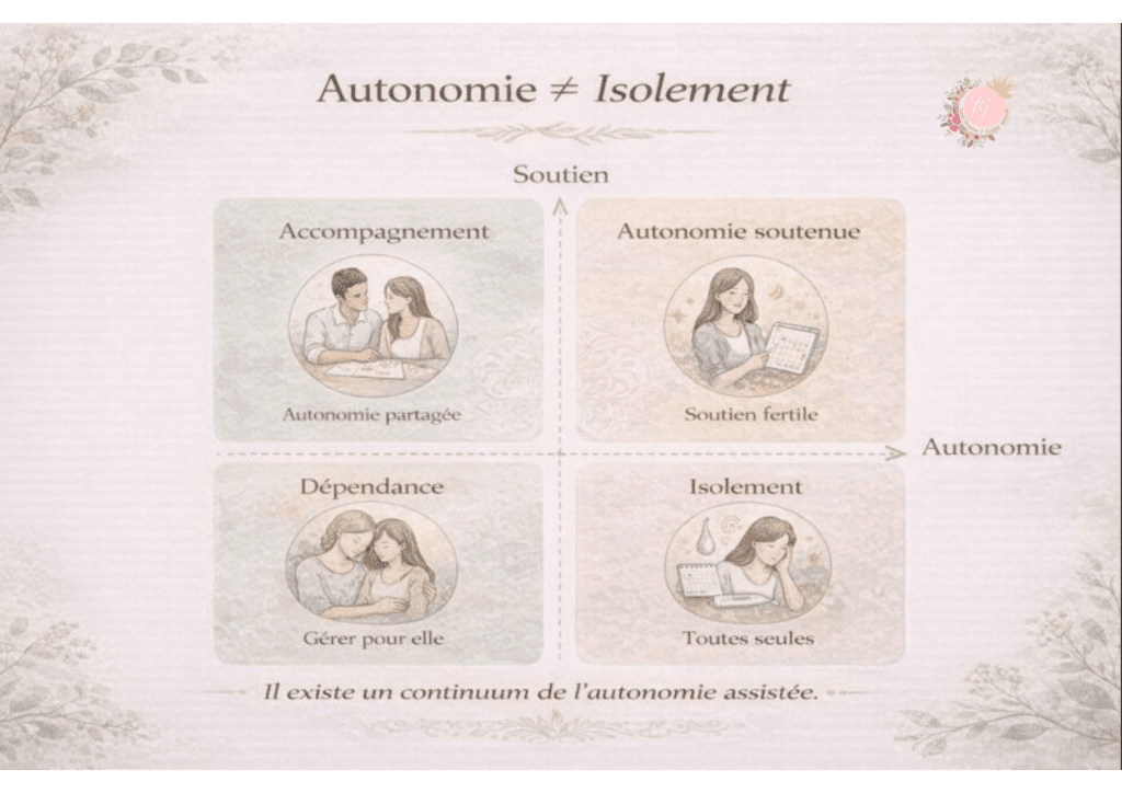 Infographie montrant que l’autonomie avec son cycle ne signifie pas isolement, avec quatre situations : dépendance, accompagnement, autonomie soutenue et isolement.