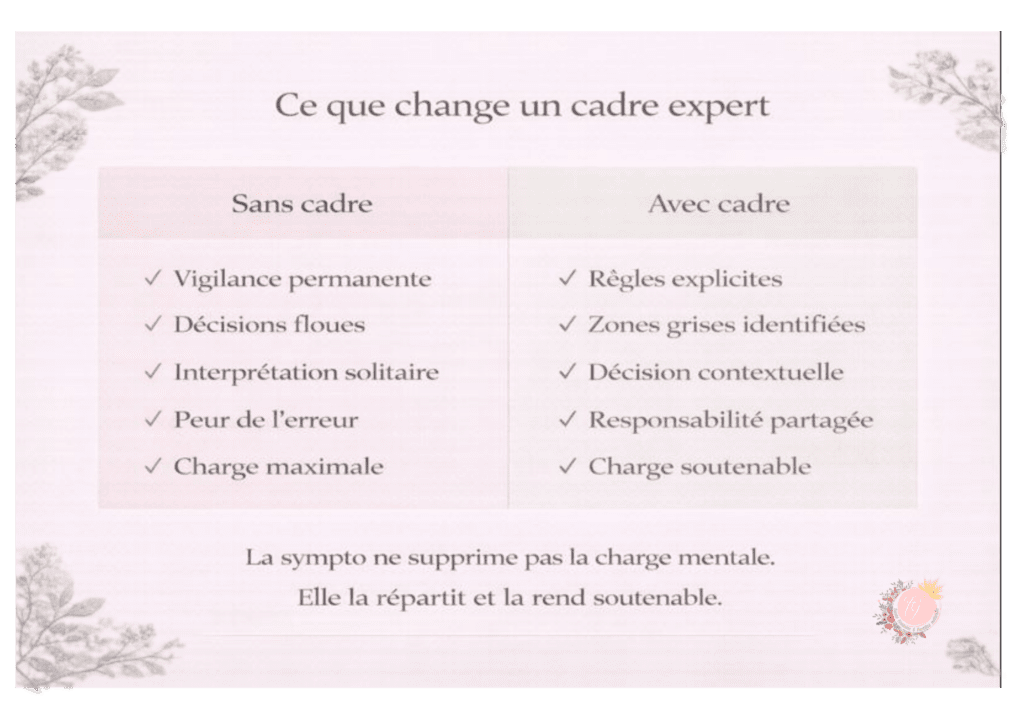 Infographie comparative montrant la différence entre une symptothermie sans cadre et une symptothermie avec cadre expert, et l’impact sur la charge mentale contraceptive, la prise de décision et la responsabilité partagée.
