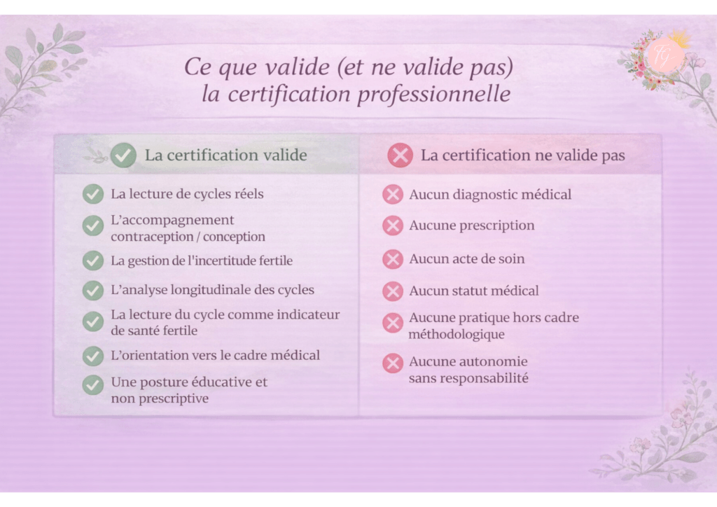 Infographie présentant ce que valide et ne valide pas la certification professionnelle en symptothermie scientifique, entre compétences éducatives, lecture du cycle et limites non médicales.