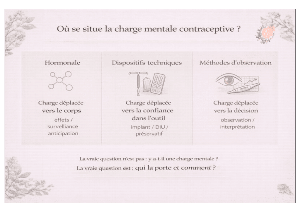 Schéma pédagogique montrant où se situe la charge mentale contraceptive selon les méthodes : contraception hormonale, dispositifs techniques et symptothermie, avec mise en évidence du déplacement et de la répartition de la charge mentale.