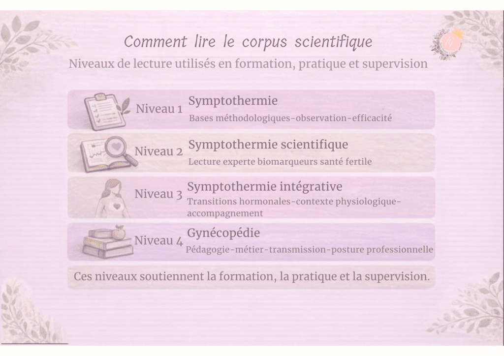 Schéma expliquant les niveaux de lecture du corpus scientifique en symptothermie, de la pratique de base à la gynécopédie professionnelle