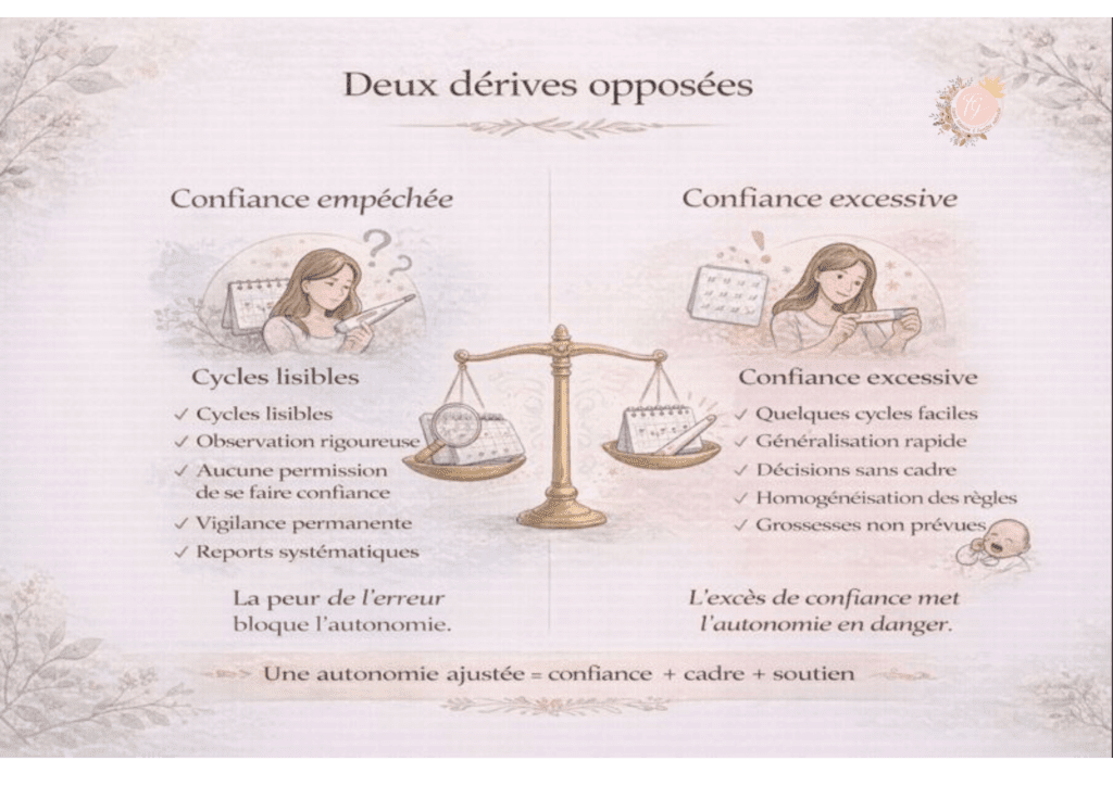 Infographie présentant deux dérives opposées dans la lecture du cycle : confiance empêchée et confiance excessive, avec leurs conséquences sur l’autonomie fertile.