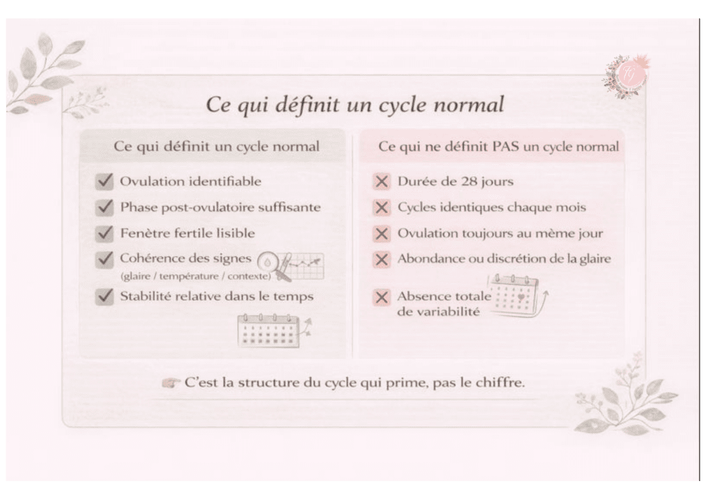 Infographie pédagogique présentant les critères objectifs d’un cycle menstruel normal et les éléments qui ne définissent pas la normalité, selon une lecture symptothermique du cycle féminin.
