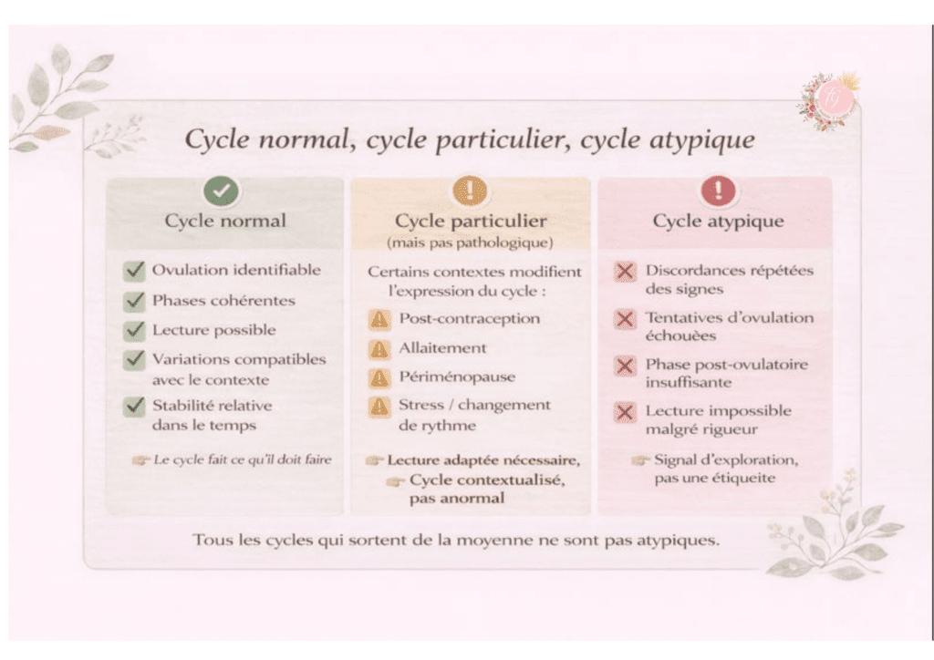 Infographie pédagogique distinguant cycle normal, cycle particulier et cycle atypique selon des critères symptothermiques objectifs, sans pathologisation ni diagnostic médical.