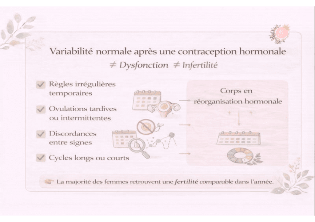 Schéma du cycle post contraception hormonale montrant la variabilité des cycles, le retour progressif de l’ovulation et l’intérêt de la symptothermie scientifique pour lire la fertilité réelle