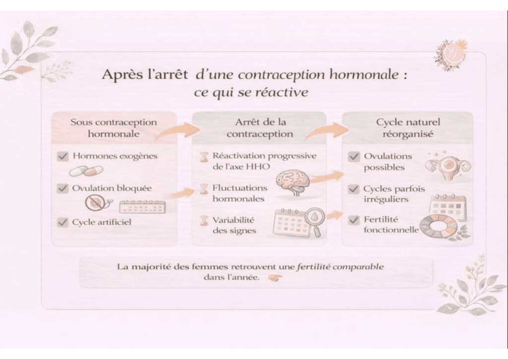 Infographie pédagogique montrant comment le corps réactive progressivement son cycle naturel après l’arrêt d’une contraception hormonale, avec variabilité hormonale et retour progressif de la fertilité.