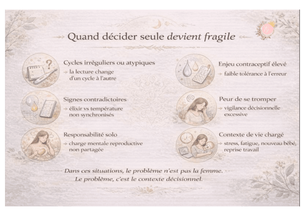 Infographie listant les situations où décider seule avec son cycle devient fragile : cycles irréguliers, signes contradictoires, enjeu contraceptif élevé, peur de se tromper, responsabilité solo et contexte de vie chargé.