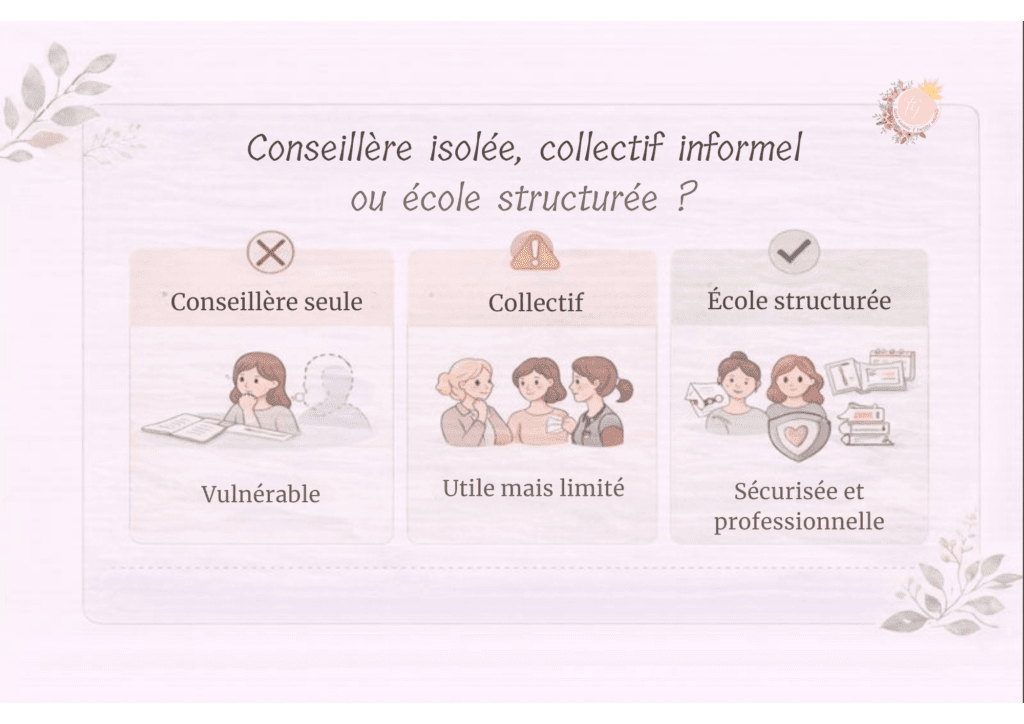 Comparaison entre conseillère isolée, collectif informel et école structurée pour la transmission de la symptothermie, montrant les enjeux de sécurité, de supervision et de continuité d’accompagnement.