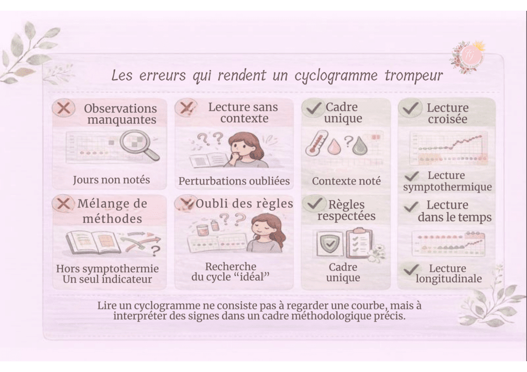 Infographie présentant les erreurs fréquentes de lecture d’un cyclogramme en symptothermie : jours non notés, oubli des règles méthodologiques, usage d’un seul indicateur hors symptothermie, lecture sans contexte et recherche d’un cycle idéal au lieu de la réalité physiologique.