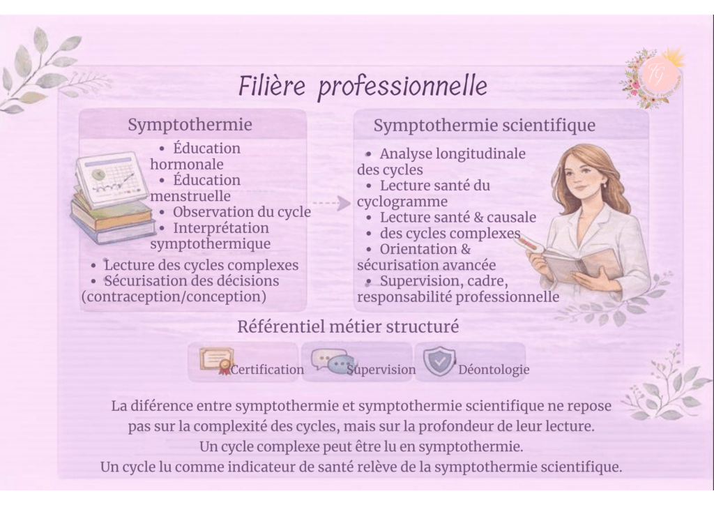 Schéma de la filière professionnelle en symptothermie montrant la différence entre symptothermie et symptothermie scientifique, avec lecture santé du cyclogramme, analyse longitudinale des cycles, supervision et cadre professionnel.
