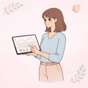 Illustration symbolique d’une future conseillère en symptothermie analysant un cycle féminin sur tablette