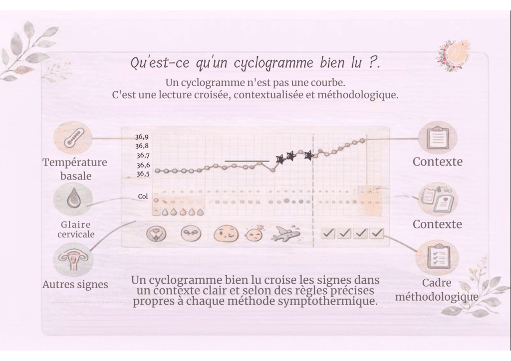 Lecture d’un cyclogramme en symptothermie : erreurs fréquentes et règles essentielles pour interpréter correctement la température basale, la glaire cervicale et les phases du cycle féminin.