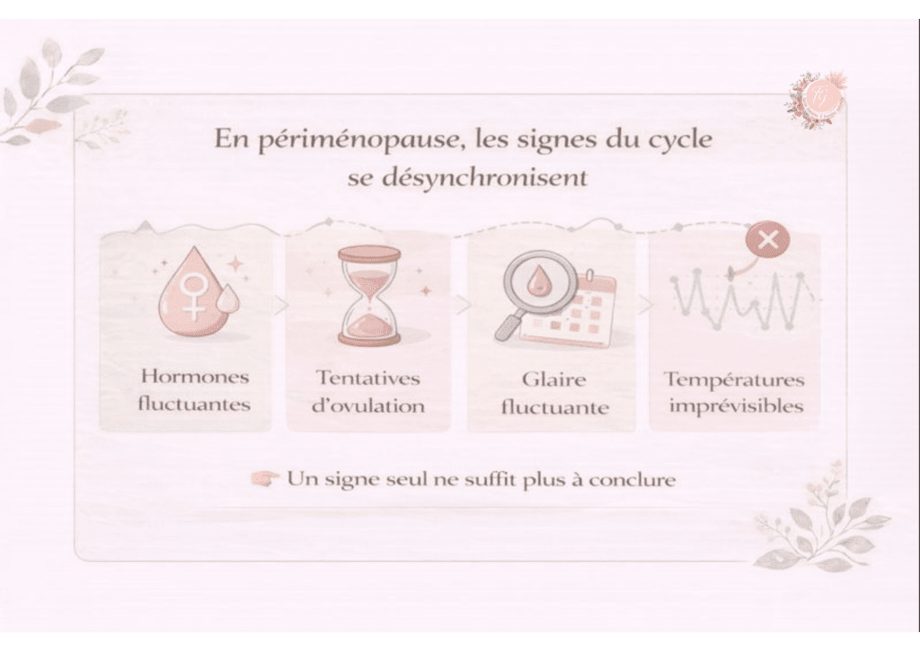 Infographie montrant la désynchronisation des signes du cycle féminin en périménopause, avec variations de la glaire cervicale et de la température basale, interprétées en symptothermie scientifique.