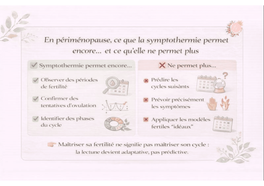 Infographie pédagogique comparant ce que la symptothermie permet encore et ce qu’elle ne permet plus en périménopause, dans un contexte de cycles irréguliers et de désynchronisation des signes.