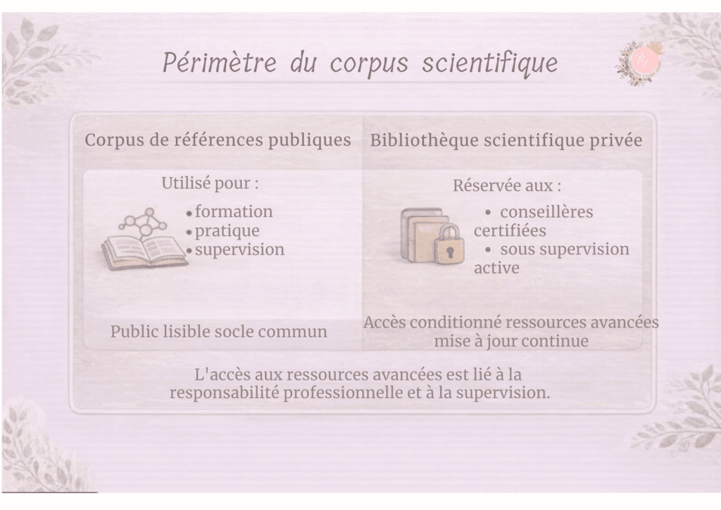 Infographie distinguant le corpus scientifique public et la bibliothèque scientifique privée en symptothermie selon la certification et la supervision
