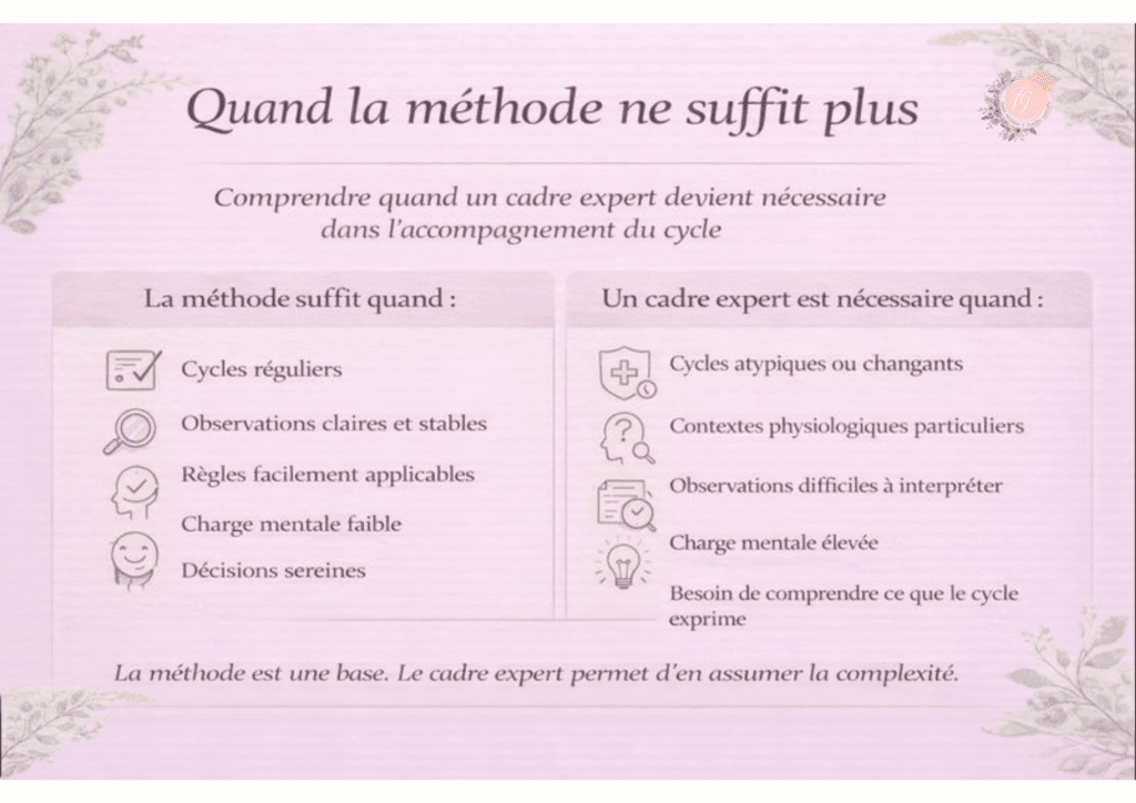 Infographie expliquant quand la symptothermie suffit et quand un cadre expert devient nécessaire pour accompagner le cycle féminin