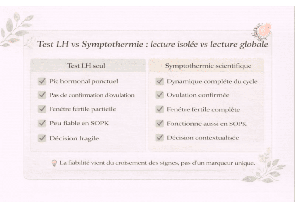 Infographie comparative montrant les différences entre les tests d’ovulation LH et la symptothermie scientifique pour identifier la fenêtre fertile et confirmer l’ovulation, notamment en cas de SOPK ou de cycles irréguliers.