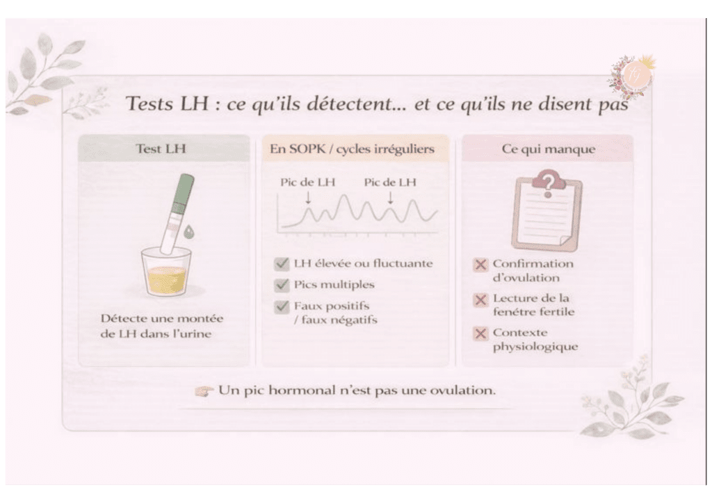 Infographie pédagogique expliquant ce que détectent les tests d’ovulation LH et leurs limites en cas de SOPK ou de cycles irréguliers, notamment l’absence de confirmation de l’ovulation et de lecture de la fenêtre fertile.