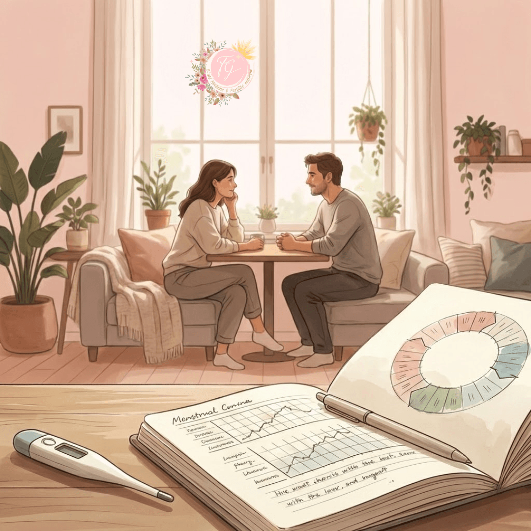 Illustration symptothermie couple : carnet de suivi de cycle et thermomètre basal au premier plan, couple discutant sereinement en arrière-plan.