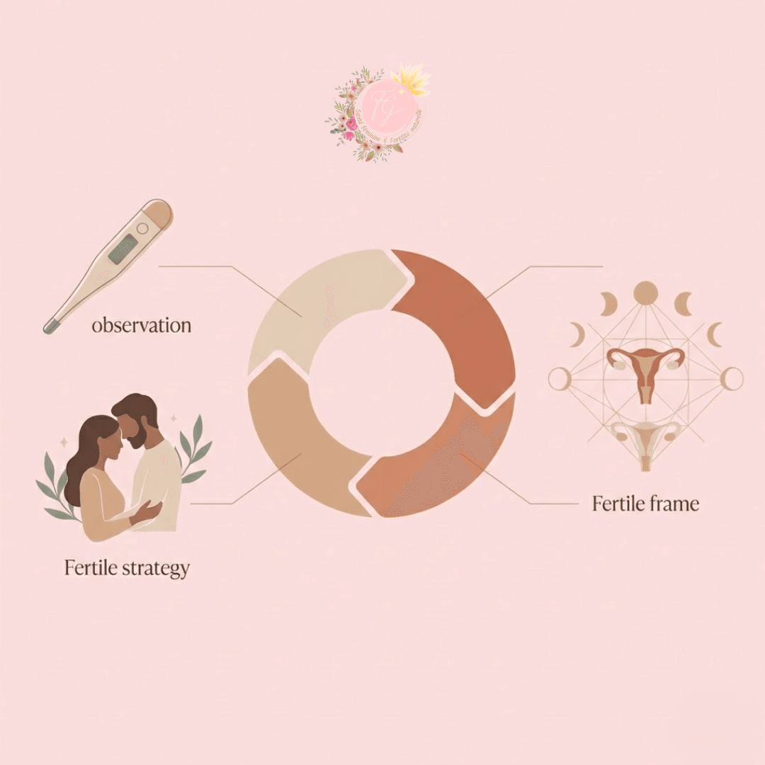 Schéma du cycle menstruel reliant l'observation (température), la stratégie de couple et la fenêtre de fertilité.