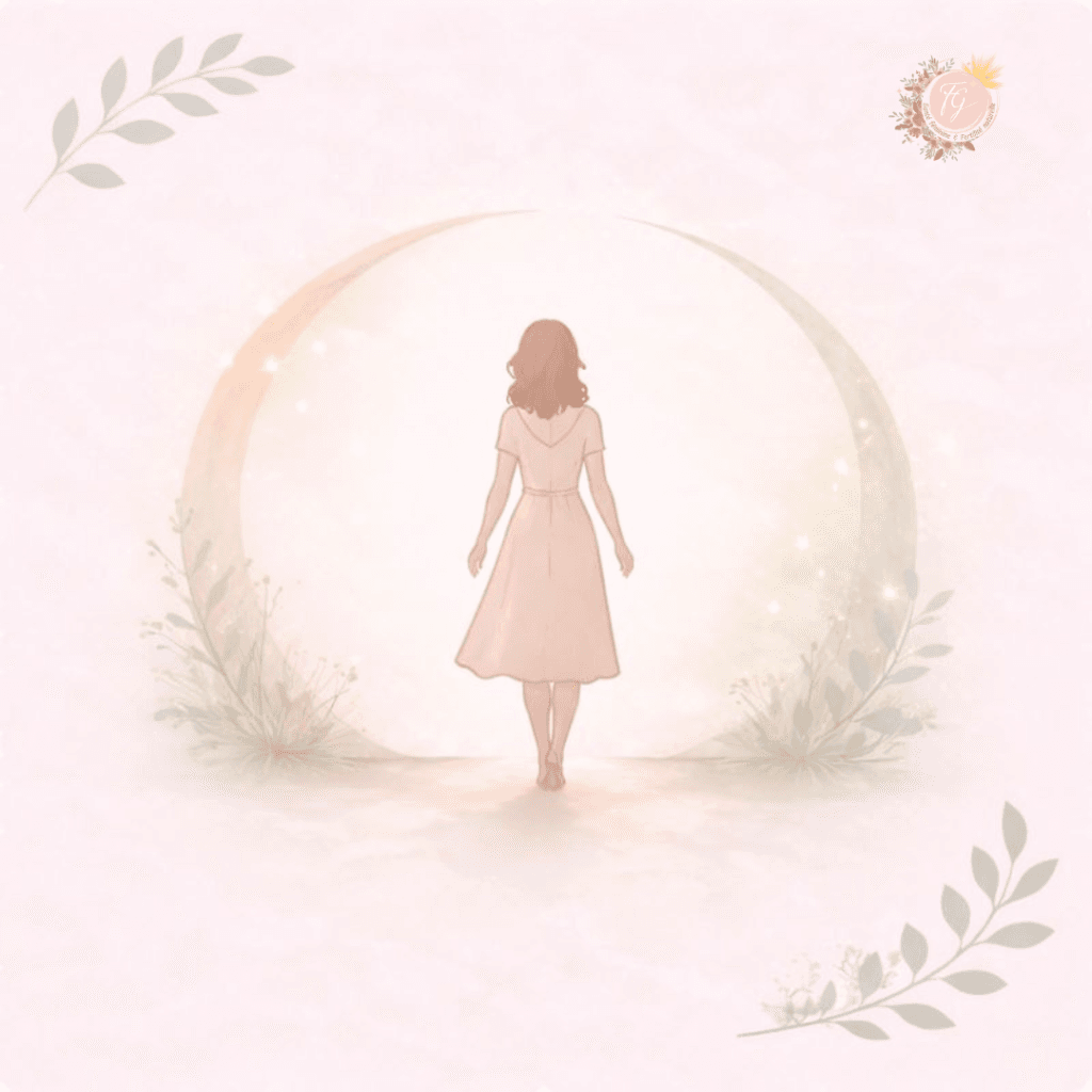 Illustration douce représentant une silhouette entourée d’un espace ouvert et protecteur, symbolisant l’autonomie relationnelle, la capacité de choix éclairé et l’accompagnement respectueux dans l’observation du cycle en symptothermie.