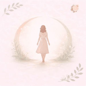 Illustration douce représentant une silhouette entourée d’un espace ouvert et protecteur, symbolisant l’autonomie relationnelle, la capacité de choix éclairé et l’accompagnement respectueux dans l’observation du cycle en symptothermie.