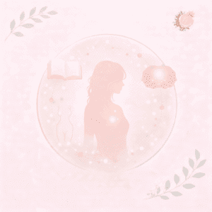 Illustration douce représentant une silhouette féminine intégrée dans un cercle englobant la connaissance, le corps et la transmission, évoquant une vision unifiée, incarnée et continue de la féminité à travers la gynécopédie.