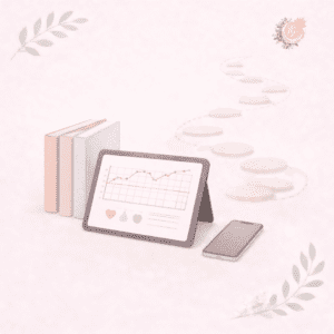 Illustration symbolique d’un programme autonome structuré pour comprendre et lire son cycle féminin à l’aide d’outils numériques et pédagogiques.