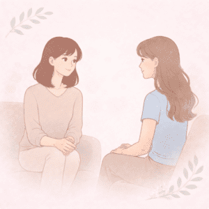 Illustration symbolique de deux femmes en séance individuelle, représentant un accompagnement personnalisé fondé sur l’écoute, la présence et la confiance.