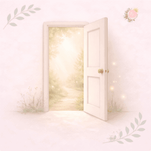 Illustration douce représentant une porte entrouverte vers un passage lumineux, symbolisant la transition physiologique, le temps d’adaptation et l’évolution progressive du cycle féminin en symptothermie.