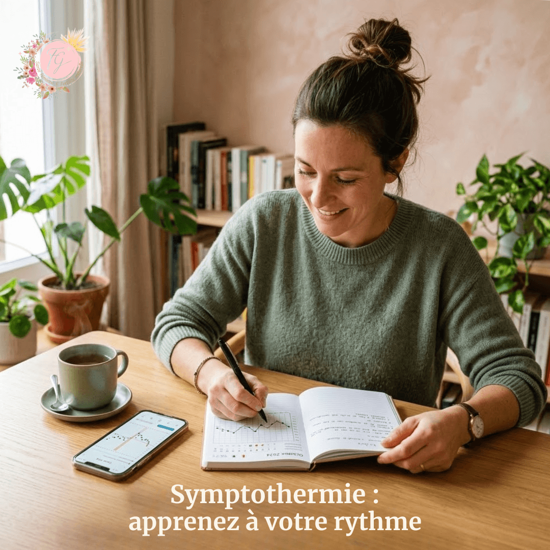 Femme notant son cycle dans un carnet, smartphone avec graphique de symptothermie