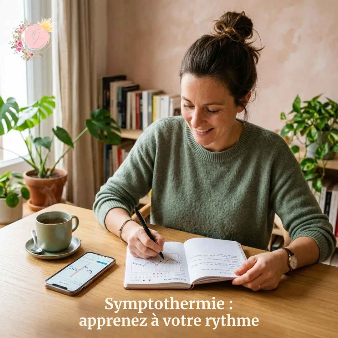 Femme notant son cycle dans un carnet, smartphone avec graphique de symptothermie
