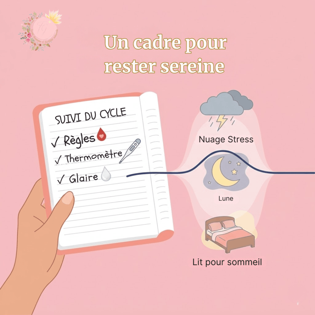 Carnet de suivi du cycle avec checklist, illustrant comment un cadre structure la pratique face aux facteurs de variation.