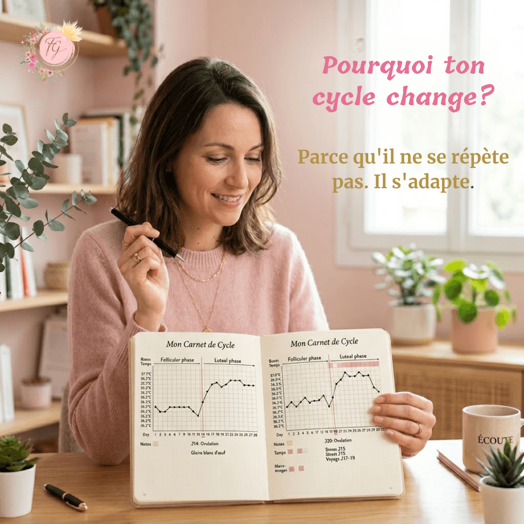 Femme souriante analysant deux courbes de température différentes dans un carnet de suivi du cycle menstruel. L'image contient le texte : Pourquoi ton cycle change ? Parce qu'il ne se répète pas. Il s'adapte.