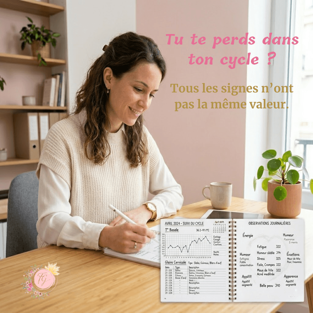 Femme observant son cycle menstruel avec distinction entre signaux forts comme la température basale et la glaire cervicale et signaux faibles comme les émotions et l’énergie en symptothermie scientifique.