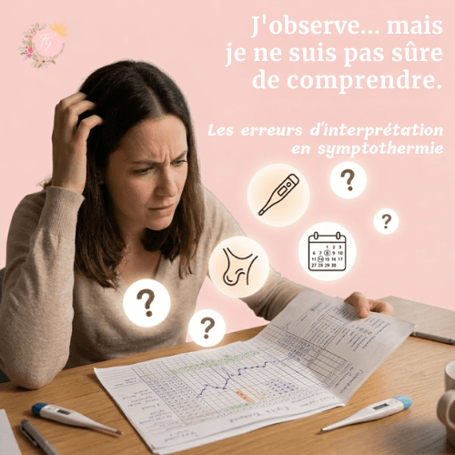 Femme observant un graphique de cycle menstruel avec thermomètre et calendrier illustrant les erreurs d'interprétation en symptothermie.