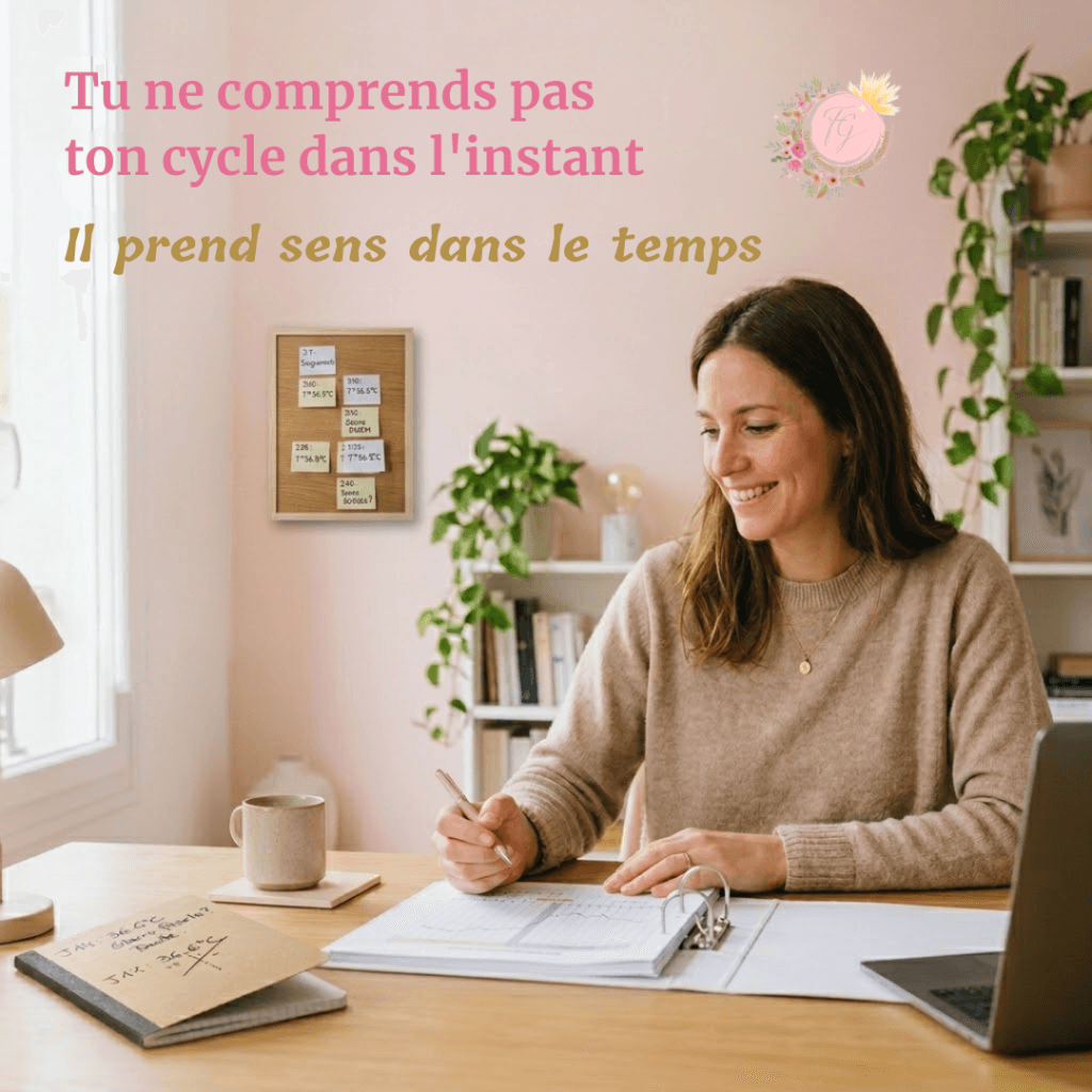 Femme observant son cycle menstruel avec un passage d’une observation isolée à une lecture globale du cyclogramme montrant la continuité dans le temps en symptothermie scientifique.