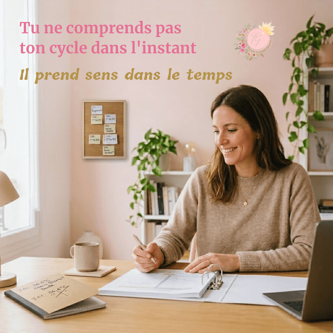 Femme observant son cycle menstruel avec un passage d’une observation isolée à une lecture globale du cyclogramme montrant la continuité dans le temps en symptothermie scientifique.