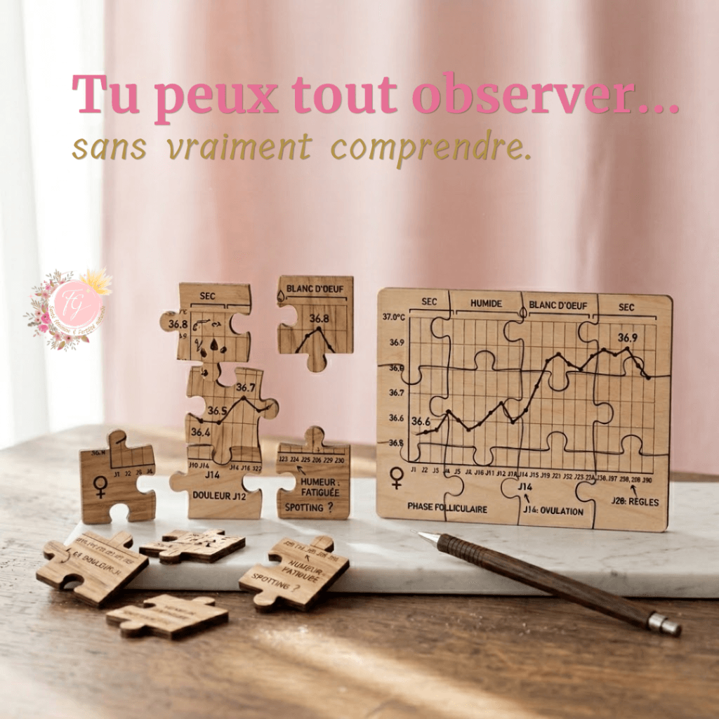 Puzzle représentant les différents signes du cycle menstruel comme la température basale et la glaire cervicale s’assemblant en un cyclogramme cohérent en symptothermie scientifique.