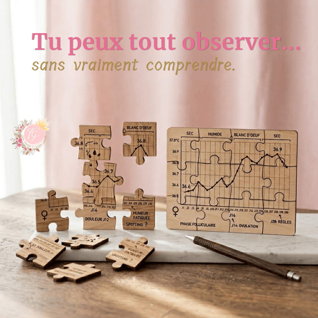 Puzzle représentant les différents signes du cycle menstruel comme la température basale et la glaire cervicale s’assemblant en un cyclogramme cohérent en symptothermie scientifique.