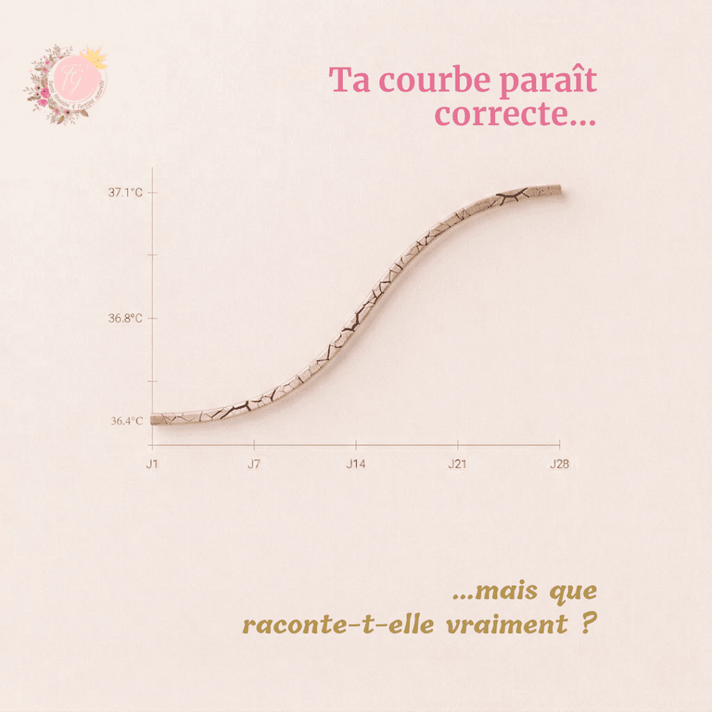 Courbe de température du cycle menstruel apparemment correcte présentant des fissures subtiles illustrant une fragilité invisible en symptothermie scientifique.