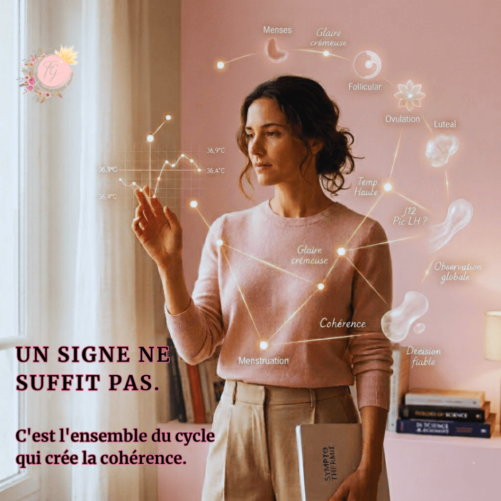 Femme analysant plusieurs signes du cycle menstruel reliés entre eux pour illustrer la cohérence du cycle en symptothermie scientifique.