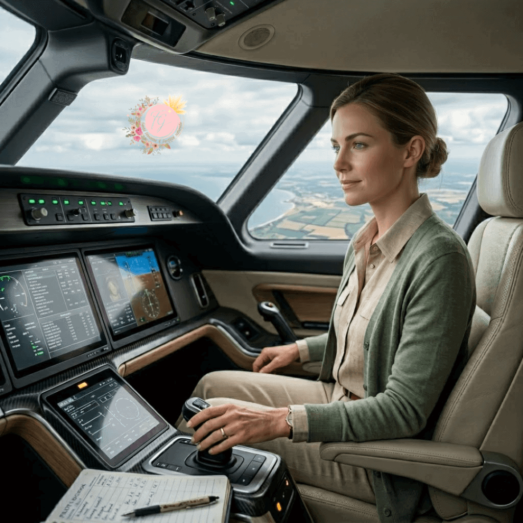 Une jeune femme de 30 ans assise sereinement dans le cockpit d'un avion moderne, observant un tableau de bord avec quelques voyants orange et des données incomplètes. Cette métaphore illustre la lecture experte du cycle féminin en symptothermie : savoir prendre des décisions fiables et piloter son cyclogramme avec confiance, même face à l'incertitude.