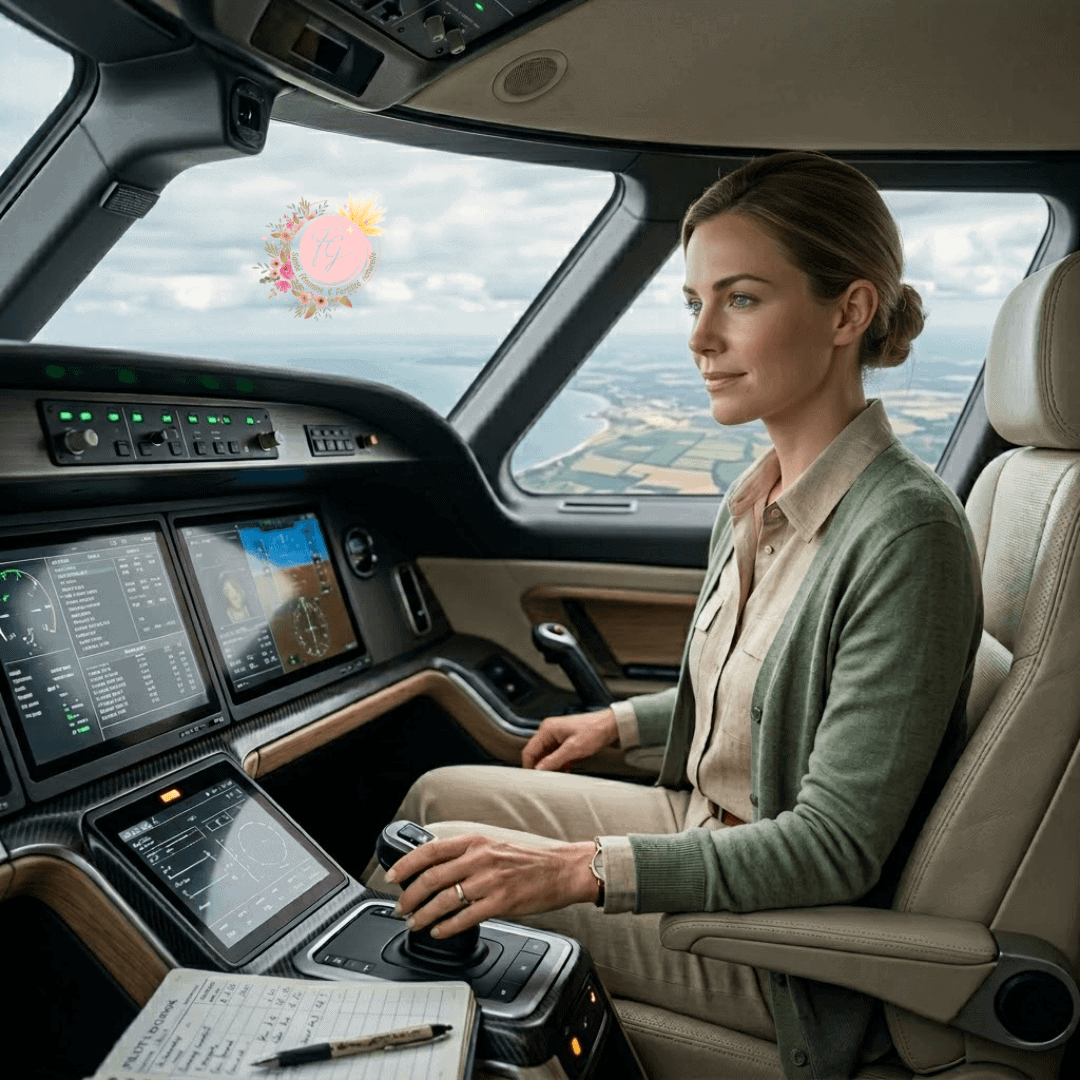 Une jeune femme de 30 ans assise sereinement dans le cockpit d'un avion moderne, observant un tableau de bord avec quelques voyants orange et des données incomplètes. Cette métaphore illustre la lecture experte du cycle féminin en symptothermie : savoir prendre des décisions fiables et piloter son cyclogramme avec confiance, même face à l'incertitude.