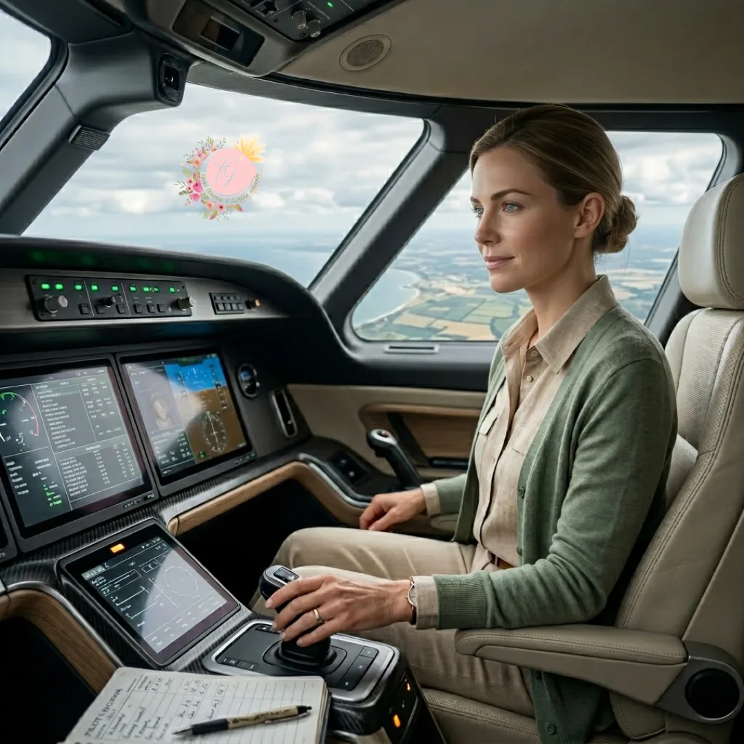 Une jeune femme de 30 ans assise sereinement dans le cockpit d'un avion moderne, observant un tableau de bord avec quelques voyants orange et des données incomplètes. Cette métaphore illustre la lecture experte du cycle féminin en symptothermie : savoir prendre des décisions fiables et piloter son cyclogramme avec confiance, même face à l'incertitude.