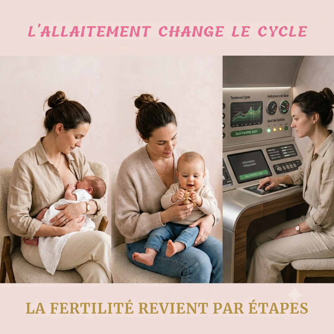Mère allaitant son bébé illustrant le retour progressif de la fertilité et les différentes étapes du cycle pendant l'allaitement observées en symptothermie.