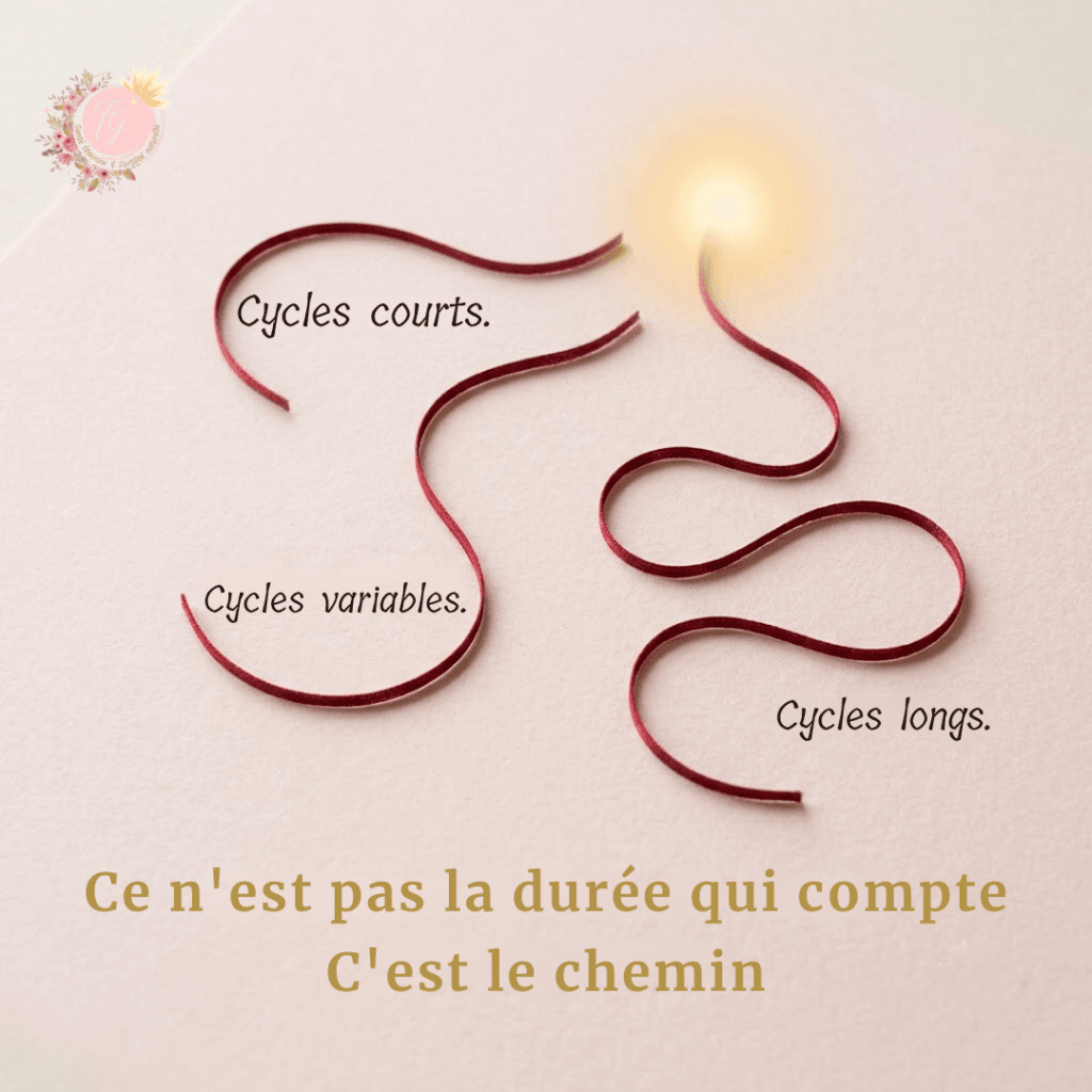 Illustration d'un fil rouge représentant trois cycles de durées différentes convergeant vers une même cohérence en symptothermie scientifique.