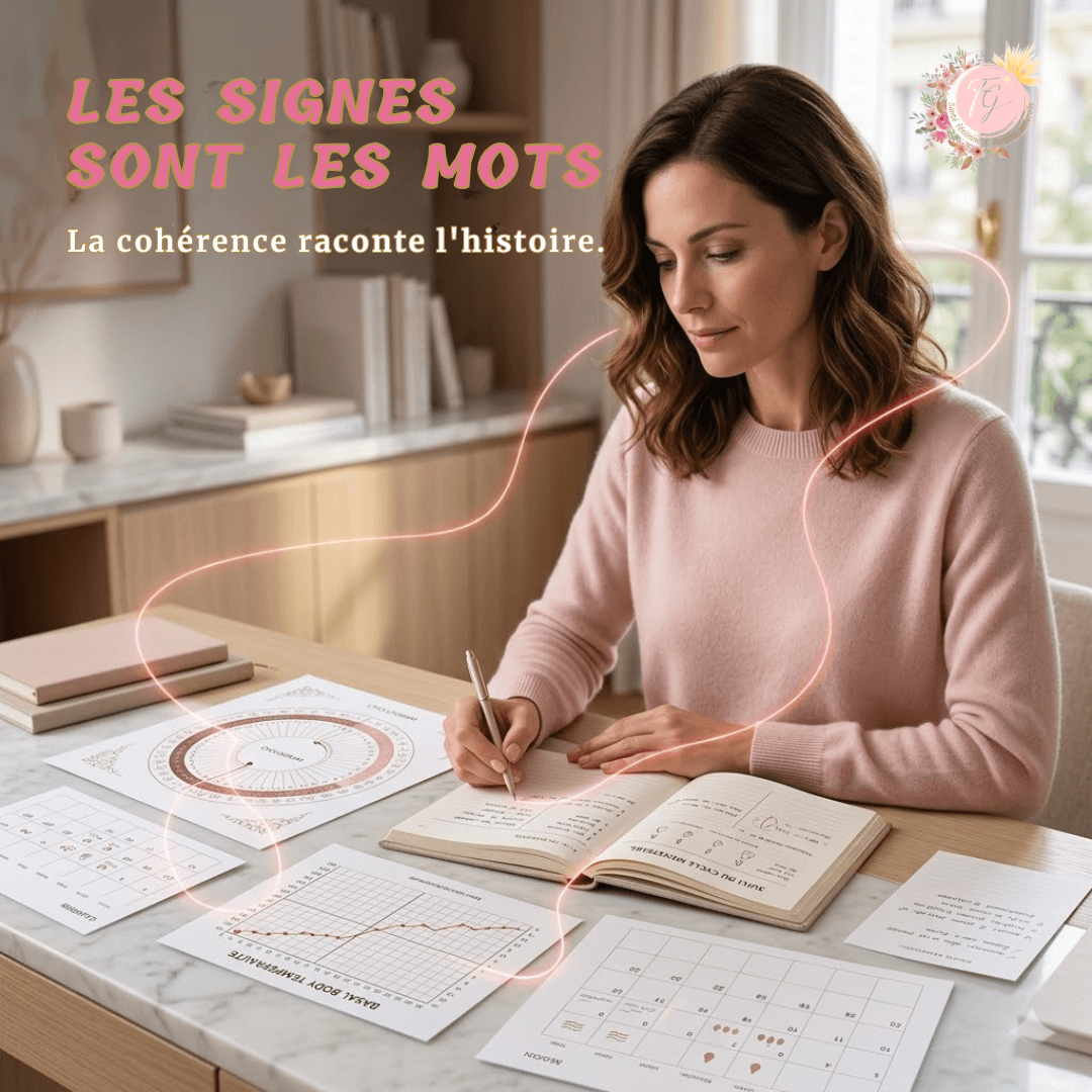 Femme analysant les différents signes de son cycle menstruel reliés par un fil rouge lumineux symbolisant la cohérence du cycle en symptothermie scientifique.