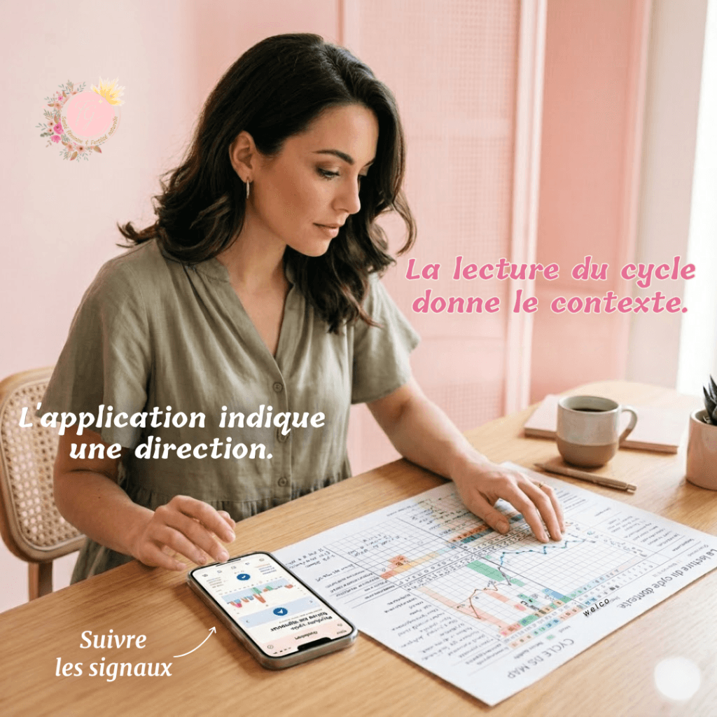 Femme analysant un cyclogramme papier tout en consultant une application de suivi du cycle menstruel sur son smartphone, illustrant la complémentarité entre technologie et lecture du cycle en symptothermie scientifique.