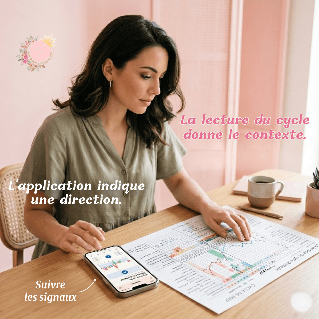 Femme analysant un cyclogramme papier tout en consultant une application de suivi du cycle menstruel sur son smartphone, illustrant la complémentarité entre technologie et lecture du cycle en symptothermie scientifique.